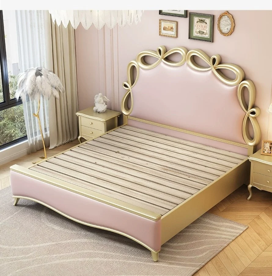 Bedroom Furniture Set Leather Upholstered King Size Wood Frame Double Bed Storage Princess Wooden Bed Pink Luxury Royal Bed