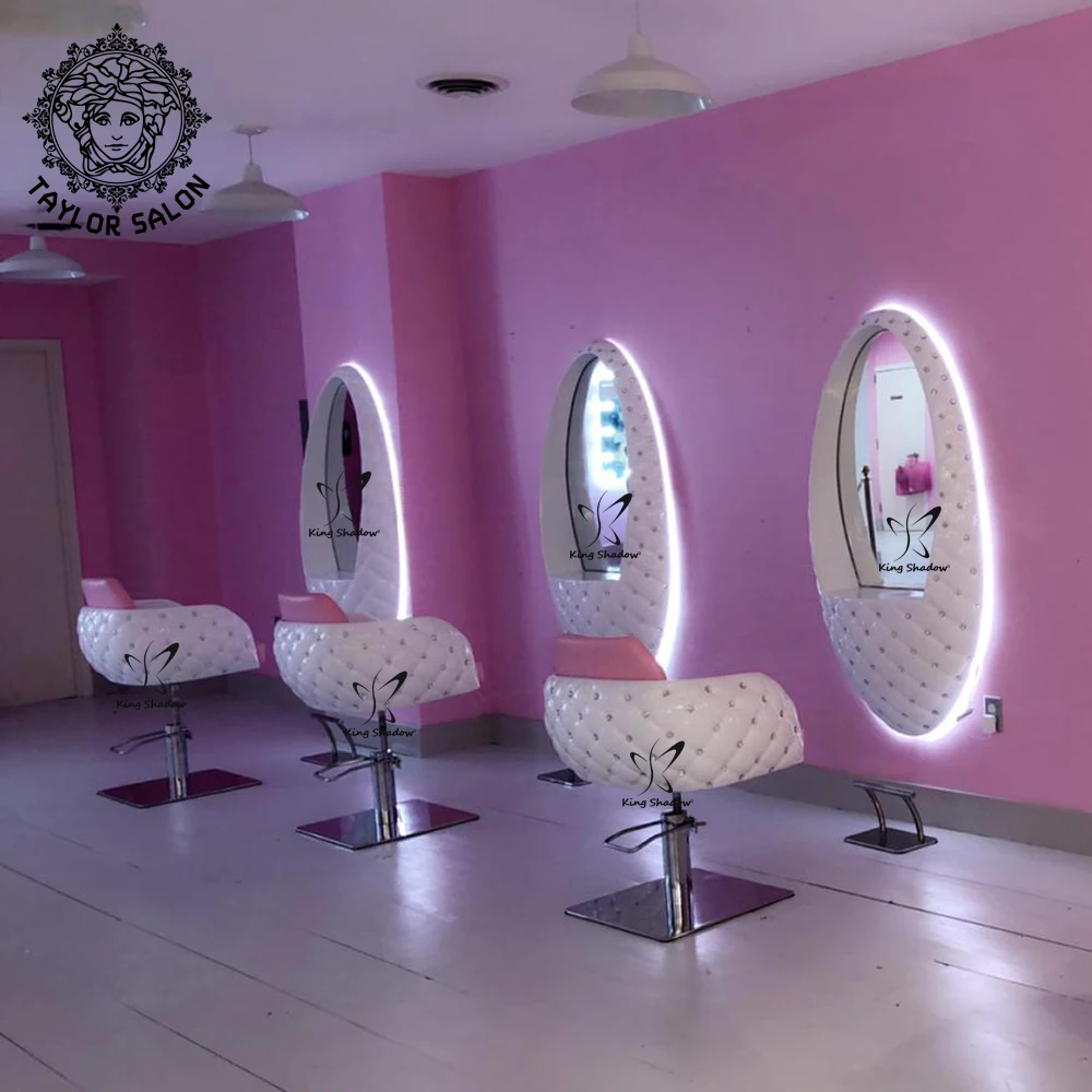 Beauty salon furniture hair salon styling station white wall mounted mirror with crystal