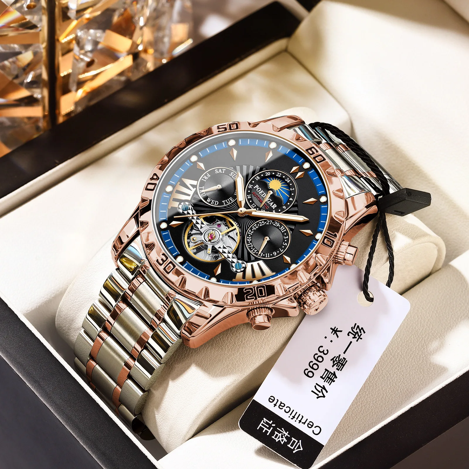 POEDAGAR 1410 Tourbillon Mechanical  Moon Phase Date Display Clock  Reloj Luxury Automatic Movement Hollow Out Watches For Men