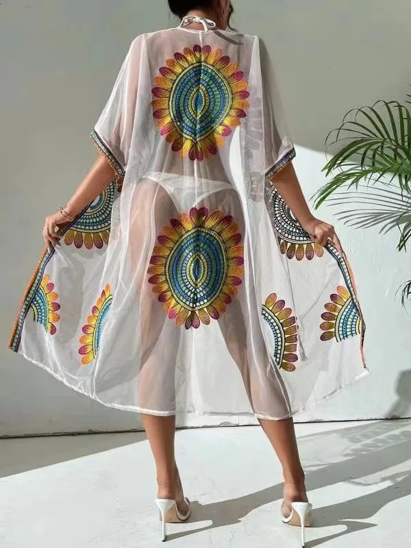 Lace Cover-ups Sun Protection Women Clothing Summer Embroidery Sheer Beach Style White Holiday Open Stitch Kimono