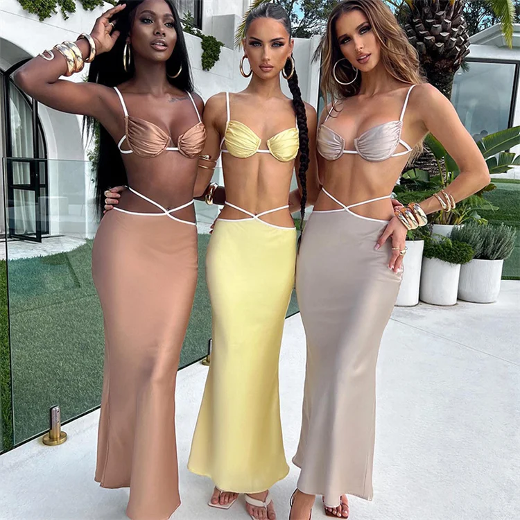 2022 Summer Backless Crop Top And Long Skirt Matching Set Sexy Party Beach Two Piece Sets Y2K Bandage Satin Skirt 2 Piece Set