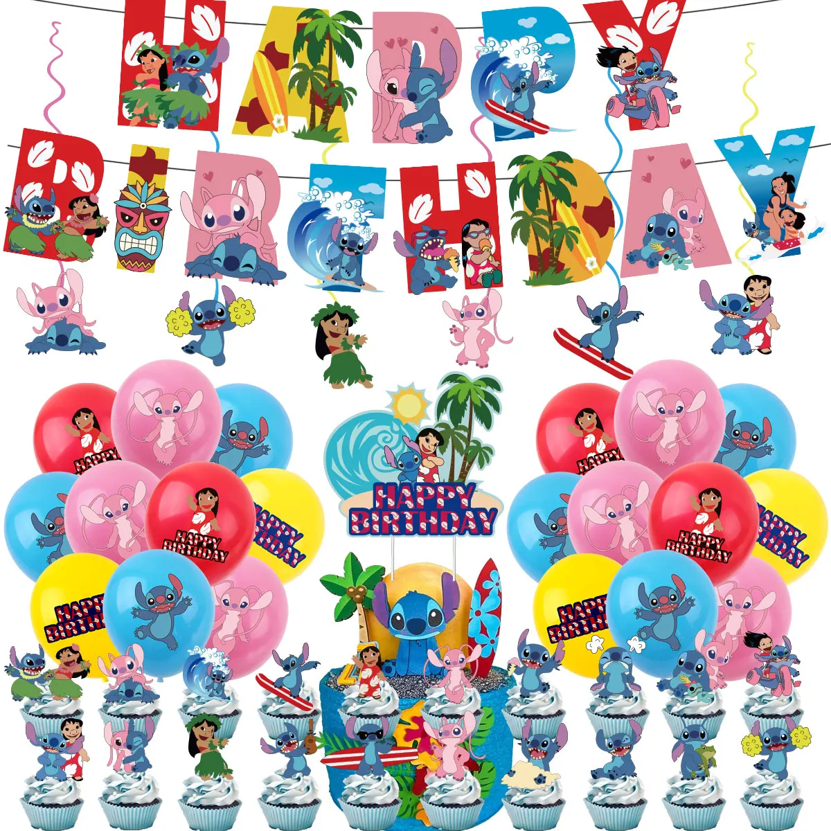 Lilo & Stitch Party Supplies Set Lilo And Stitch Balloons happy Birthday Banner Cupcake Toppers Hanging Swirls Party Decorations
