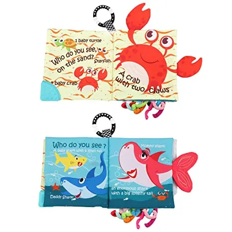 AUGLEKA Early education Who do you see Teether ring ocean Fish Sea Animal soft cloth book for baby infant Toddlers