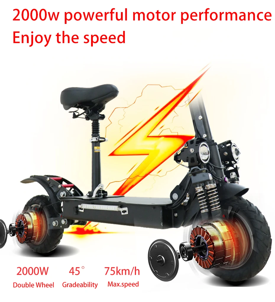 
JS Electric Scooter 2000W Kick Scooter 150kg Max Load EScooter with Lithium Battery Scooter 10inch Street Tire 