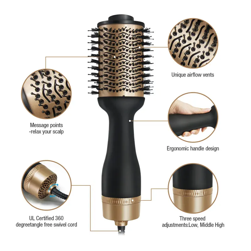 Multifunctional Salon Gold Hair Blow Dryer One Step Volumizer Styler Rotating Hot Air Brush