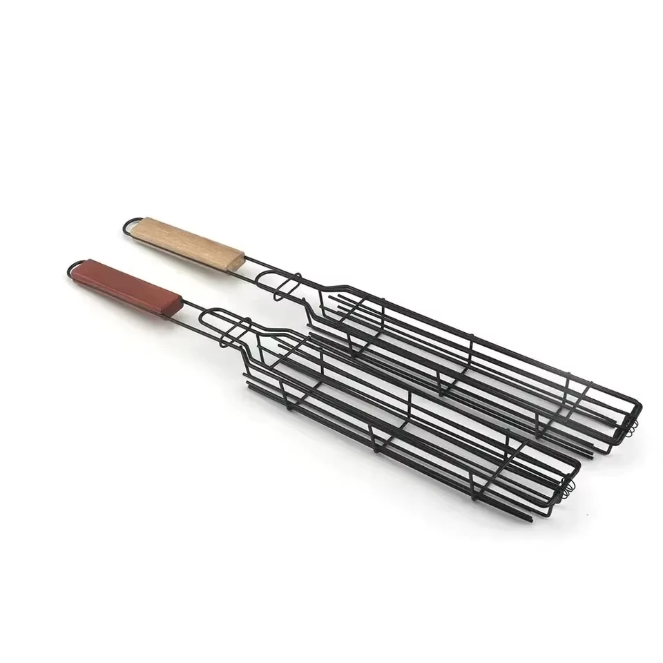 Outdoor Long Wooden Handle Barbecue Cage Camping Picnic BBQ Grill Tool Non-stick Meat and Vegetable BBQ Grill Baskets