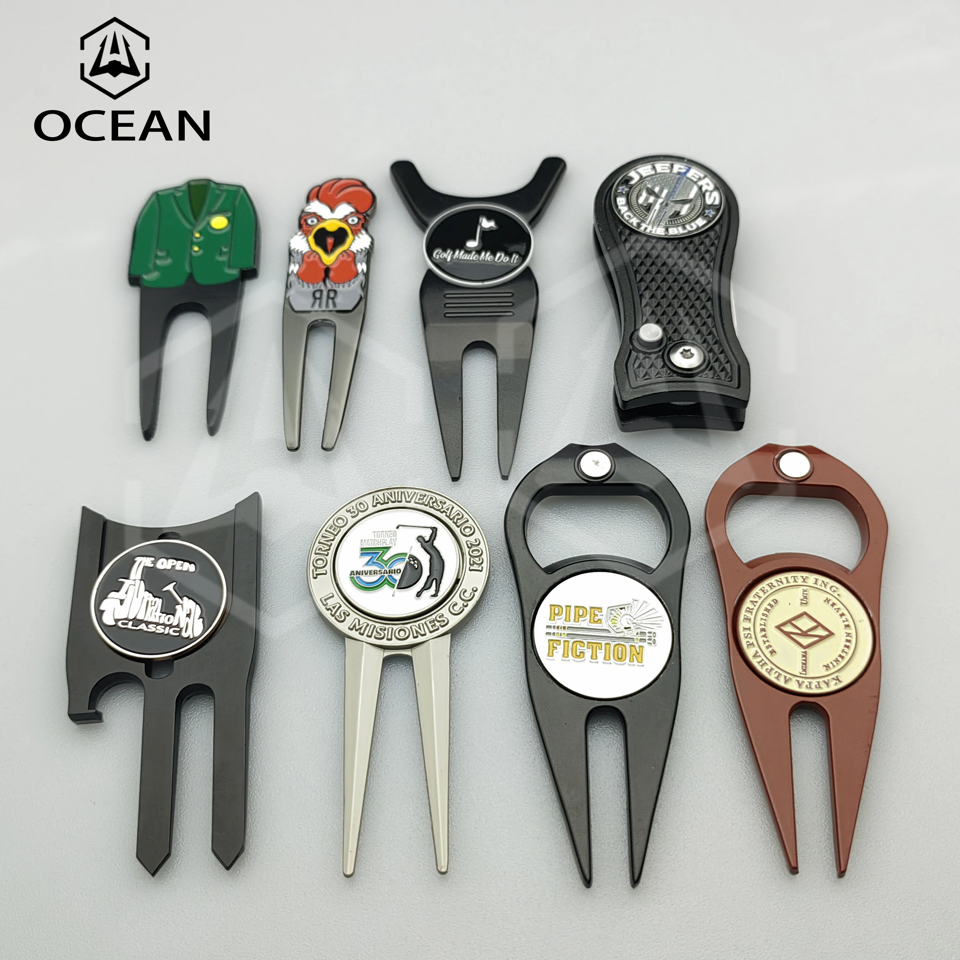 Custom Multifunction Metal Golf Club Zinc Alloy Stainless Steel Golf Ball Marker Metal Ball Marker With Divot Tool