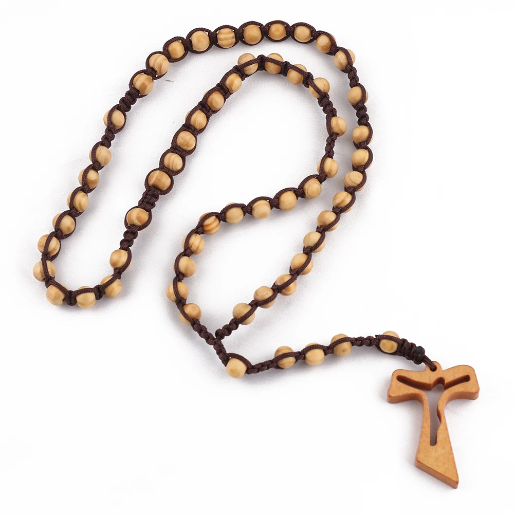 8mm pine wooden beads catholic rosary necklace on cord big cross