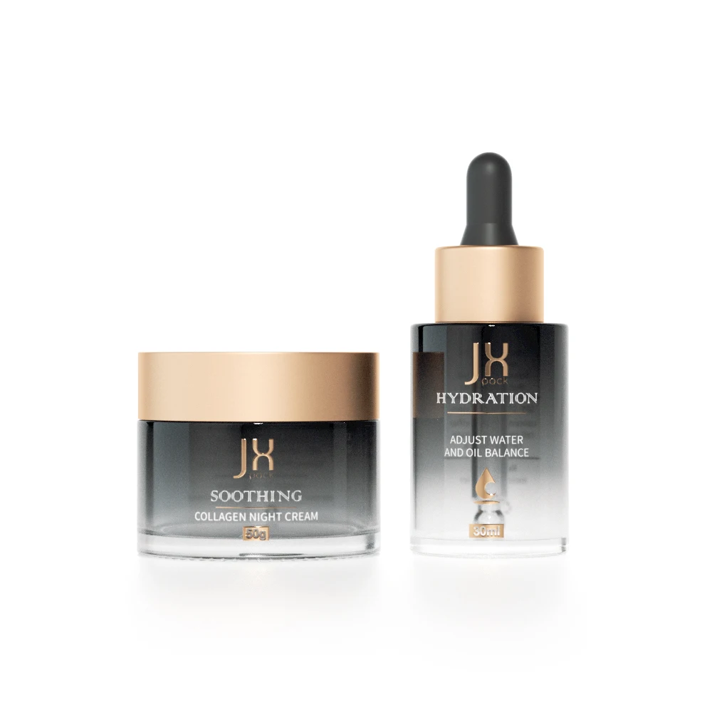 Black skincare packaging cosmetic bottle and jar round 50g glass face cream jar 30 ml hair oil serum dropper bottle