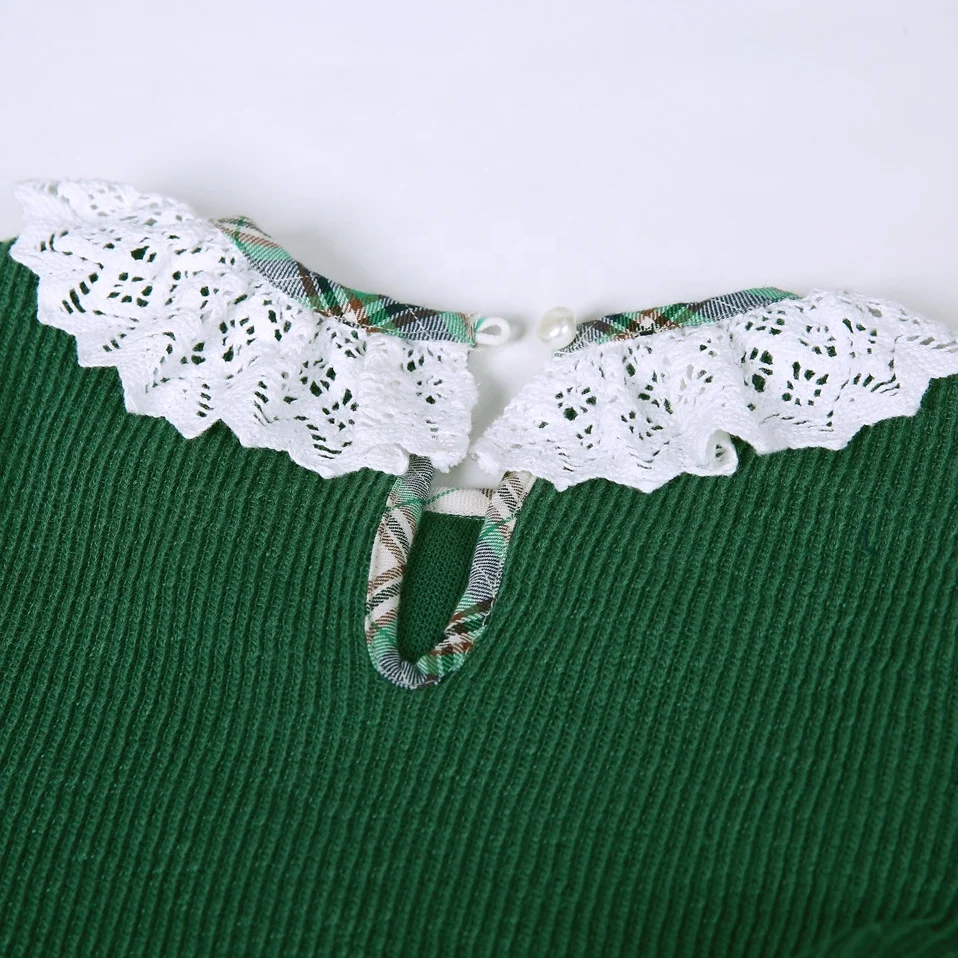 OEM Pettigirl Green Fancy Dress Hollow-out Lace Round Collar Knit Girl Child Sweater Dress