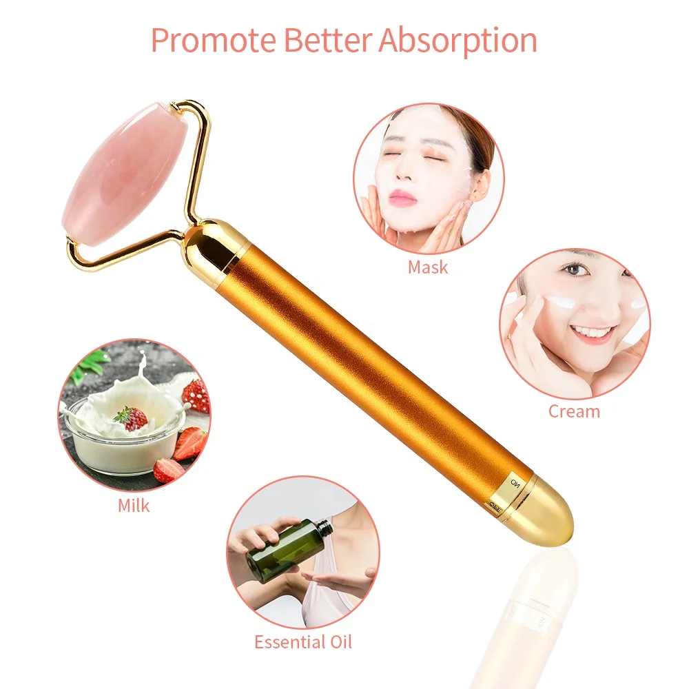Pink Rose Quartz Vibration facial Massage Skin Lifting Golden Electronic Face Jade Roller