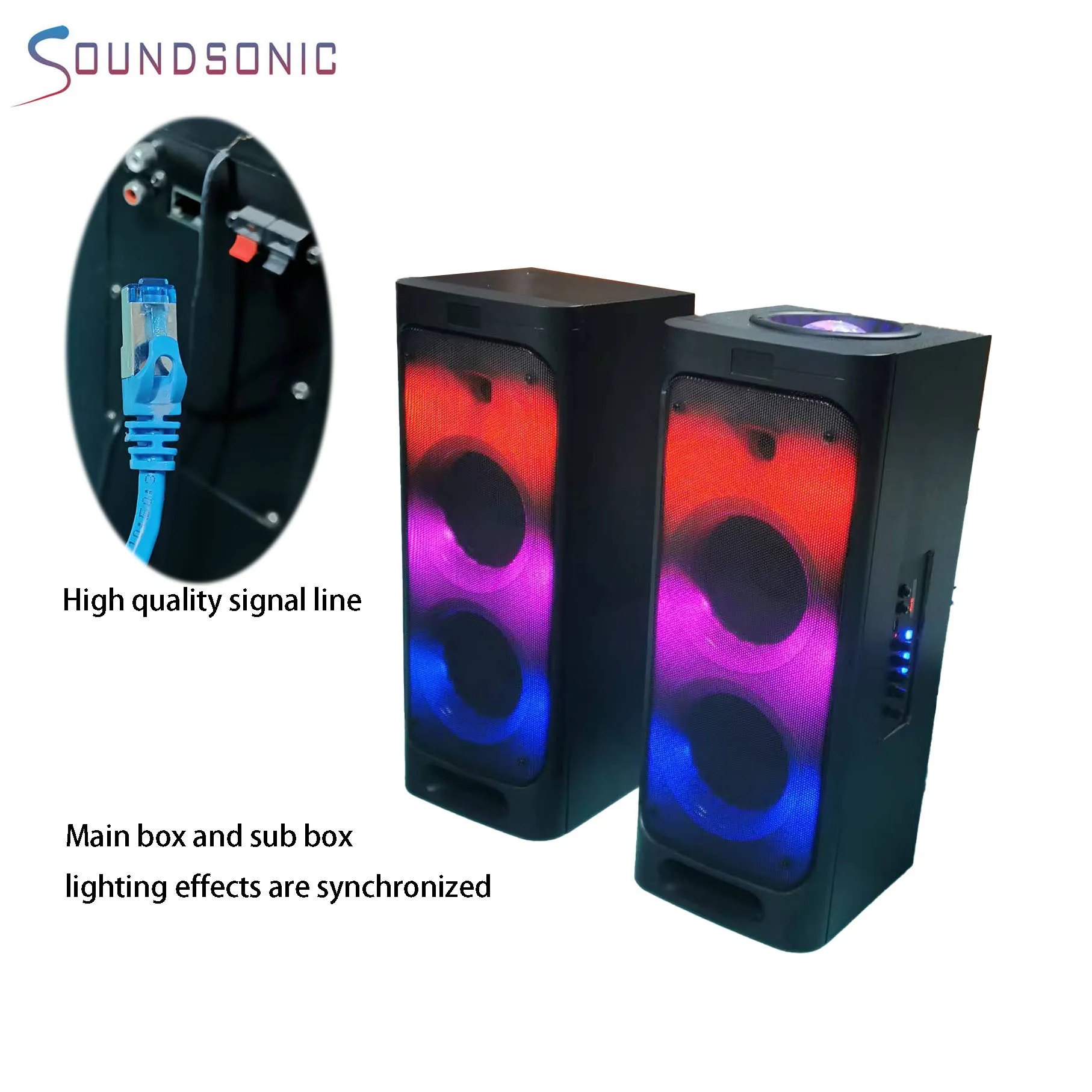 Hot sale big power stage speaker double 8 inch woofer active speaker with flame light bt radio sd