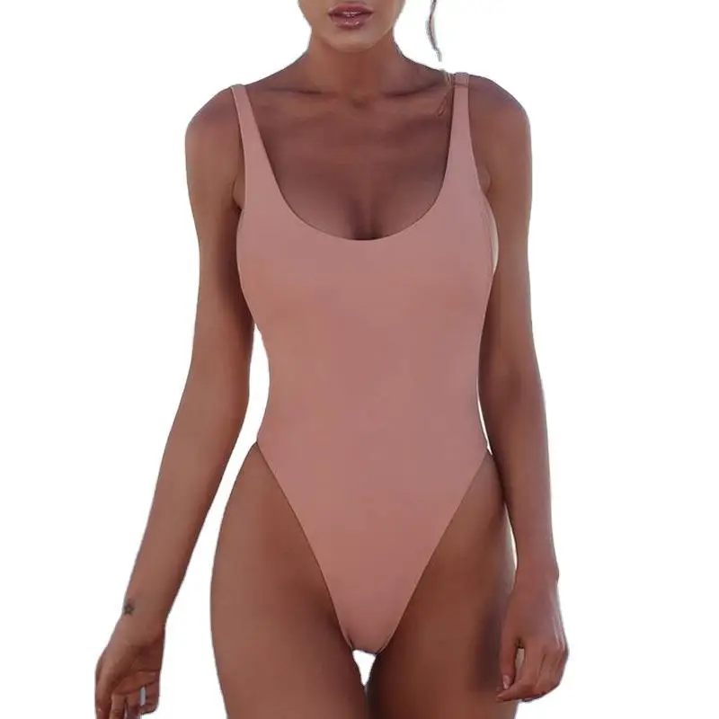 Sexy Women Beachwear Bikini Slip Pleated Solid Color Sport Swimsuit Summer One Piece Bodysuit Fitness Swimwear