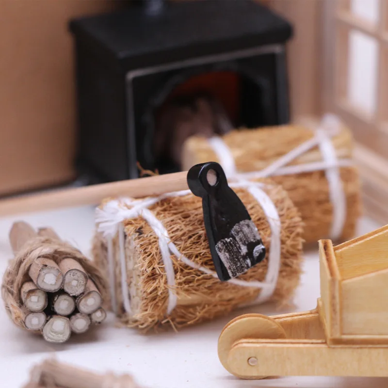 Dollhouse Doll house firewood winter suit LED fireplace mini straw bag BJD mini trolley
