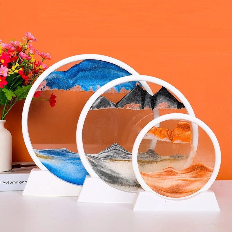 hot sell 3d Moving Sand Art Frame Round Glasses Deep Sea Sandscape In Motion Display Desktop Decorations Flowing Painting Liquid