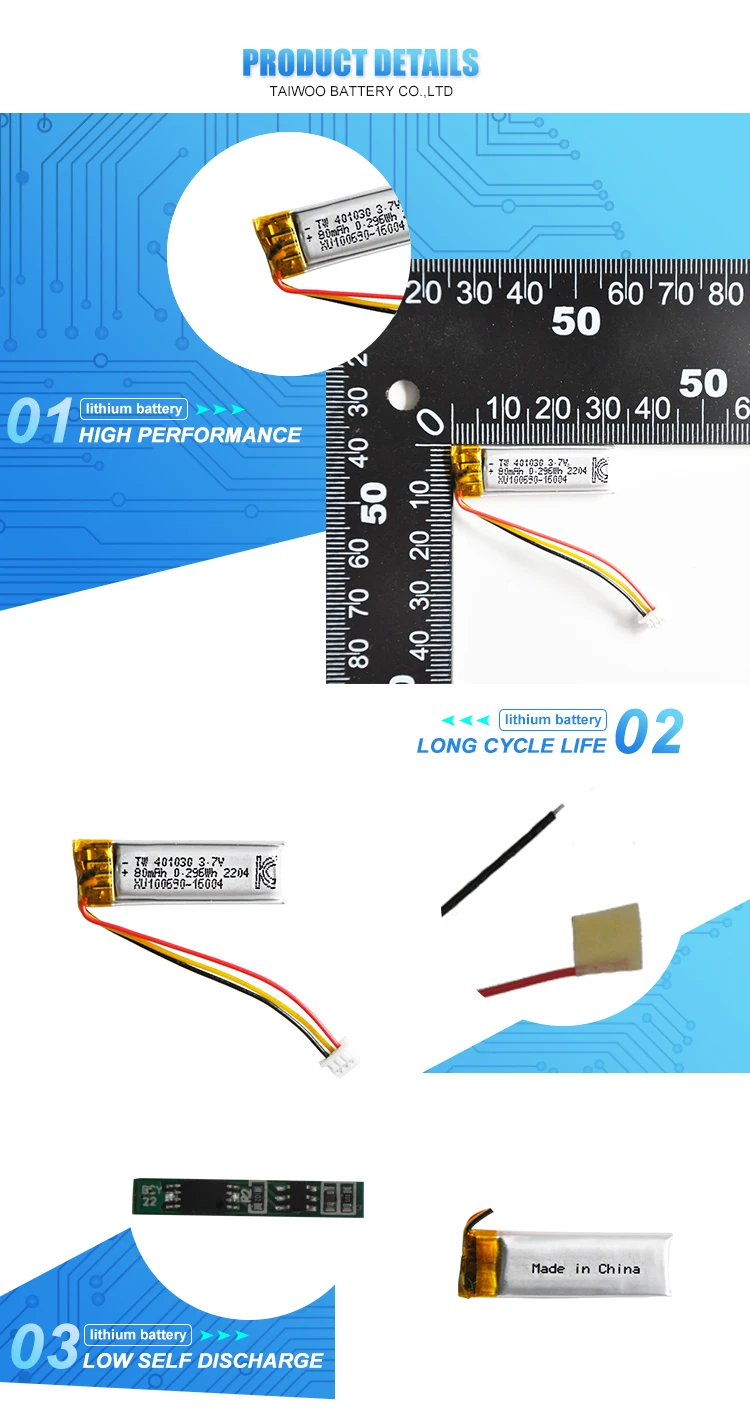 Small 3.7V 80Mah TW401030 Polymer Li-Ion Battery