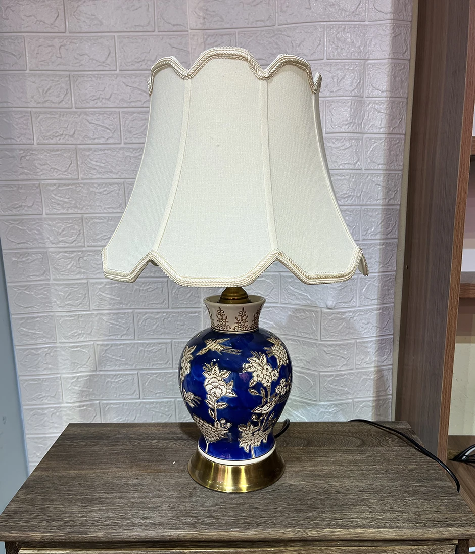 Deep blue and white Antique traditional Chinese style Ceramic table lamp with bird and flower pattern as business gift