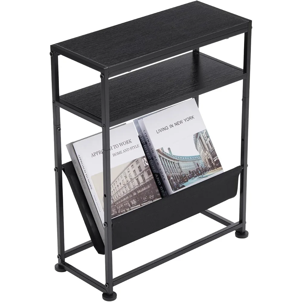 Narrow End Table for Small Spaces - Slim Side Table with Magazine Holder,2 in 1 Design Narrow Coffee Table,Black
