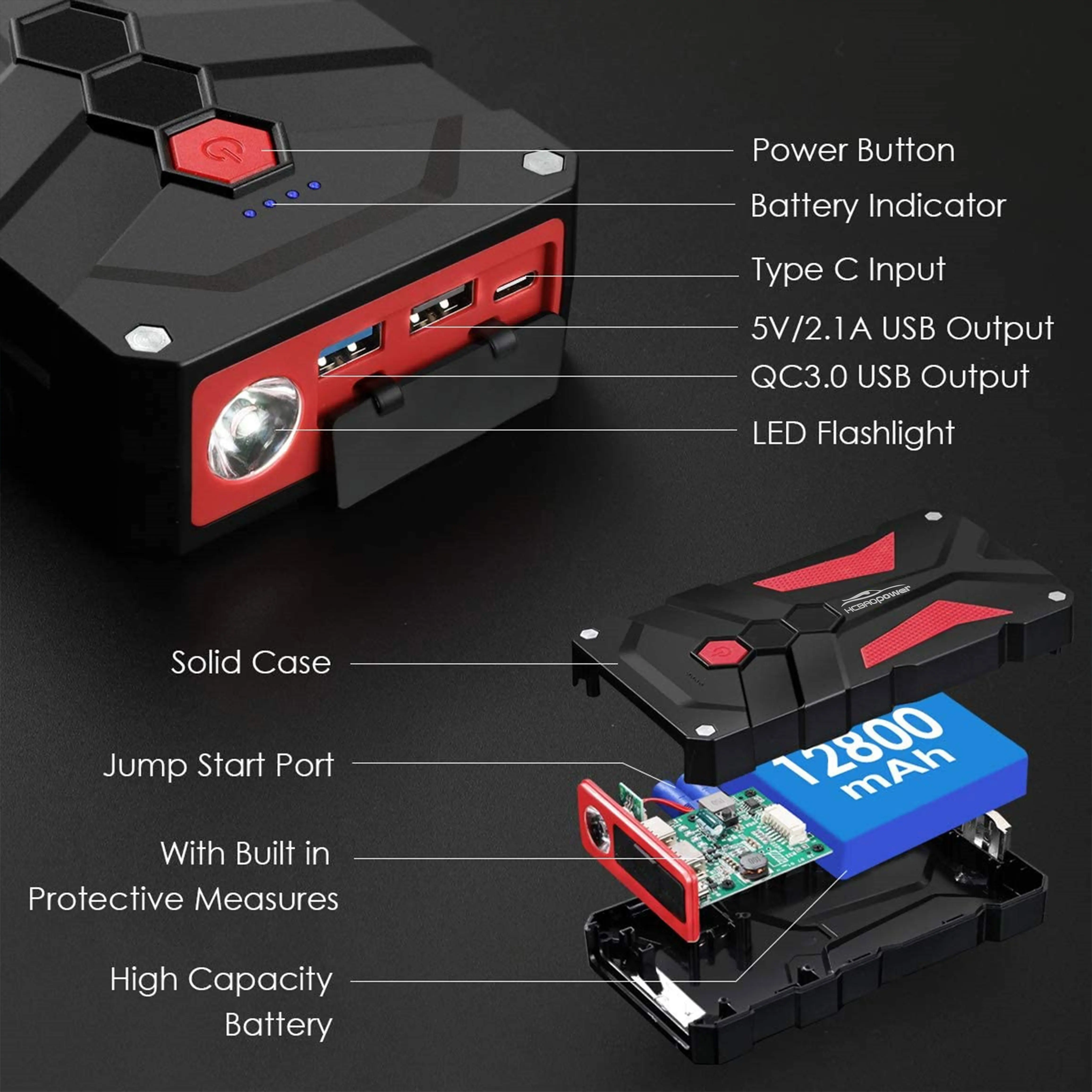 Wholesales Booster Starter 12V Jump Starter Battery 12800Mah Car Jumper Qc3.0 Portable Car Jump Starter Power Bank