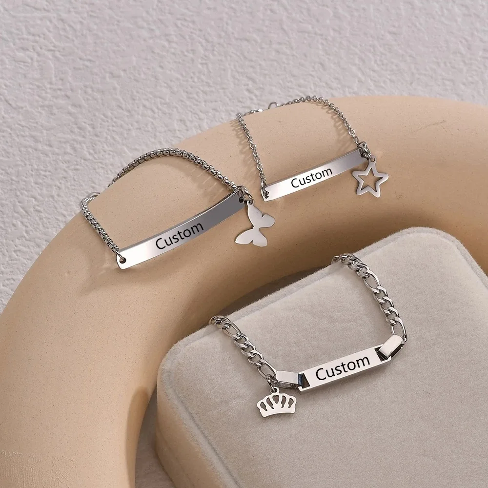 Baby Kid Children Jewelry Stainless Steel Bar Pull Chain Bracelet Adjustable Length Engraved Custom Name Slider Chain Bracelet