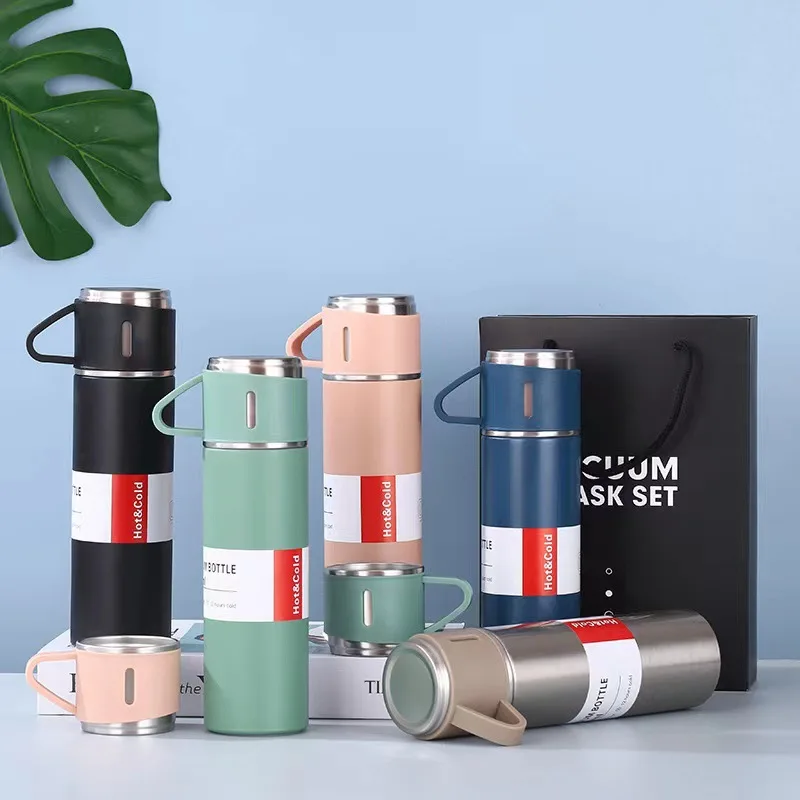 HOT popular Corporate Business Stainless Steel Vacuum Flask Thermos Mug Gift Set 5 insulated water bottle with 3 lids
