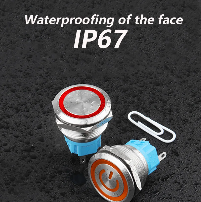 30mm waterproof metal illuminated custom pattern flat head 5 pins 3 pins screw feet 12V 24V 220V switches