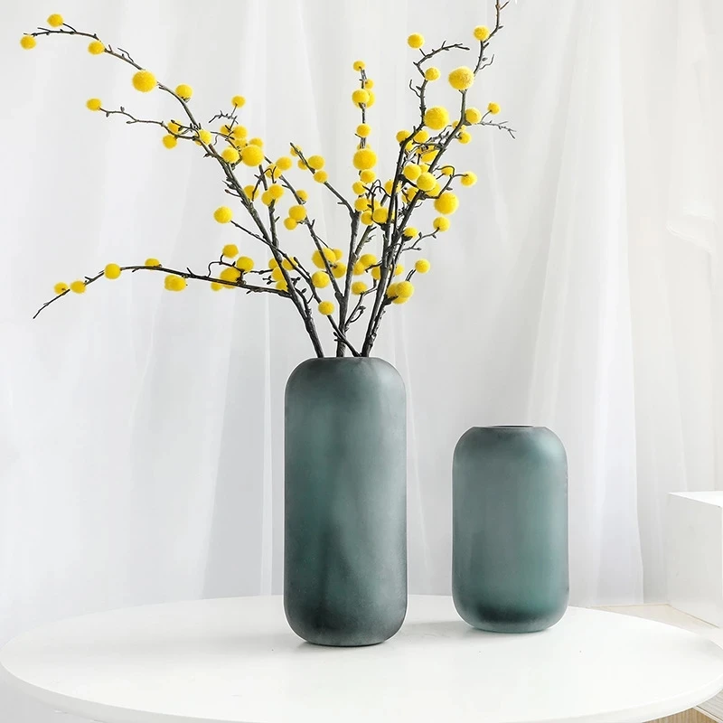 European-Style High-End Simple Round Grey Green Flower Vases for Decoration Frosted Texture Classic Glass Vase