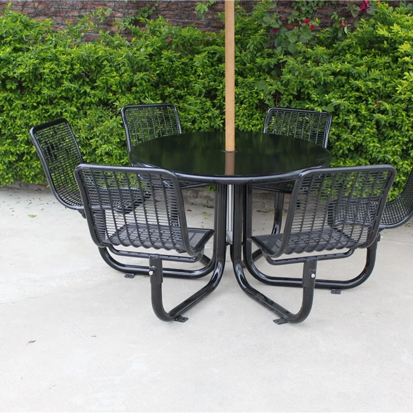 Gavin outdoor solid steel and welded wire mesh metal picnic table chair set