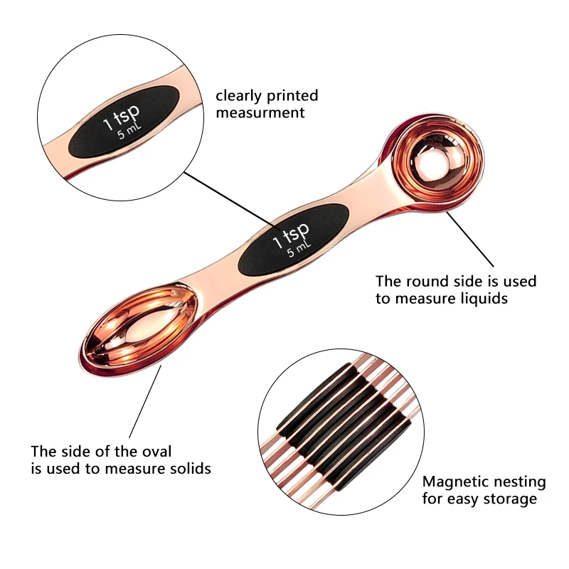 New Arrival  Stainless Steel Stackable Rose Gold Dual Sided Teaspoon Tablespoon Magnetic Measuring Spoons Set