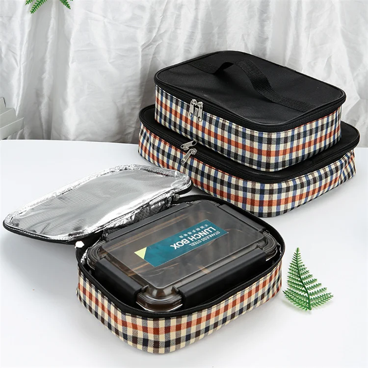 Plaid Stripe Thick Aluminum Film Portable Bento Kids Thermal Lunch Cooler Bag