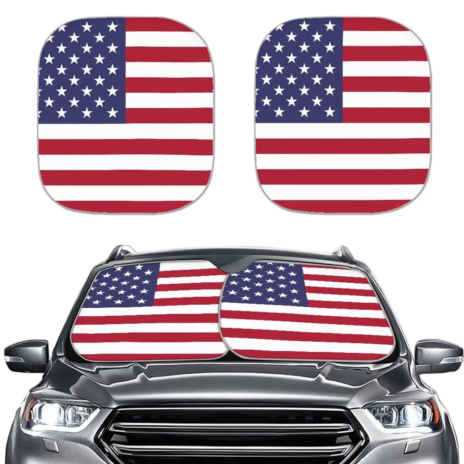 DD3537 American Flag Print Summer 2 PCS Visor UV Protector Cover Sunshade Universal Blocks Foldable Car Windshield Sun Shade