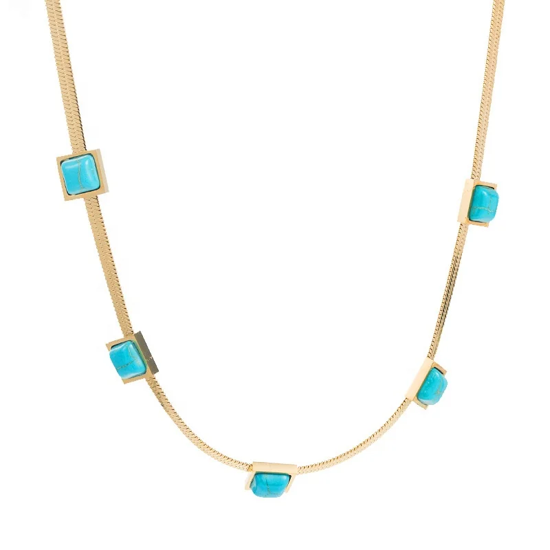 Hot Flat Snake Chain Herringbone Chain Choker Necklace 18K Gold Plated Stainless Steel Chain Bohemia Turquoise Necklace