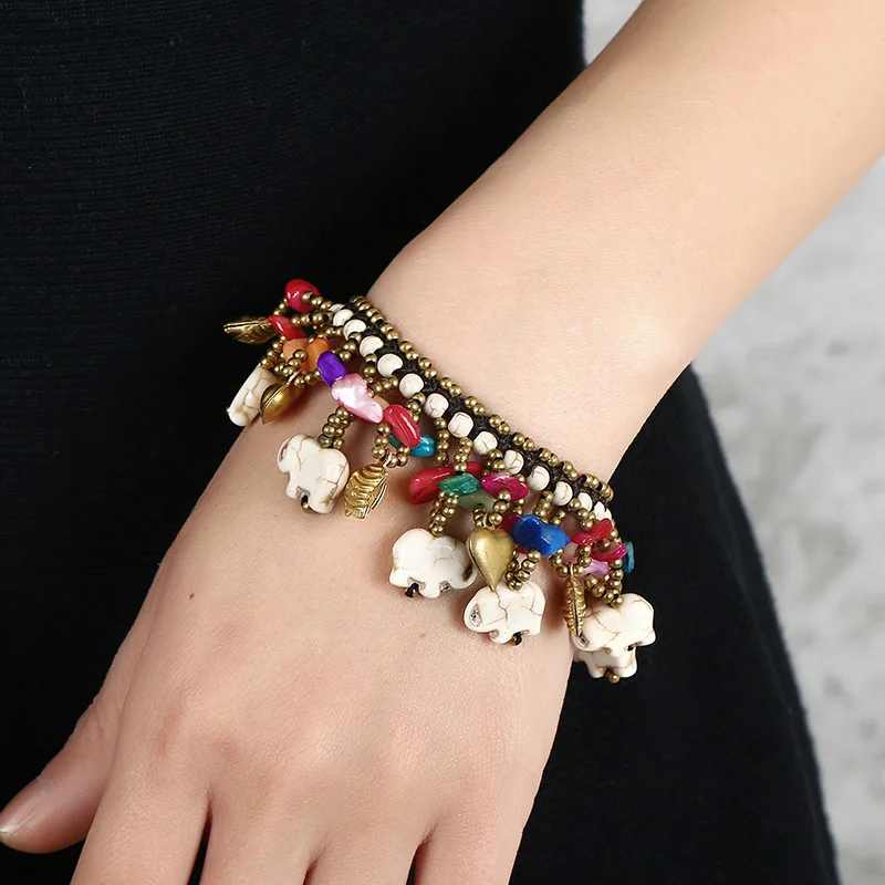 Bohemian Pine Stone Copper Elephant Bracelet Handmade Wax Thread Beaded Colorful Bracelet Female Accessories