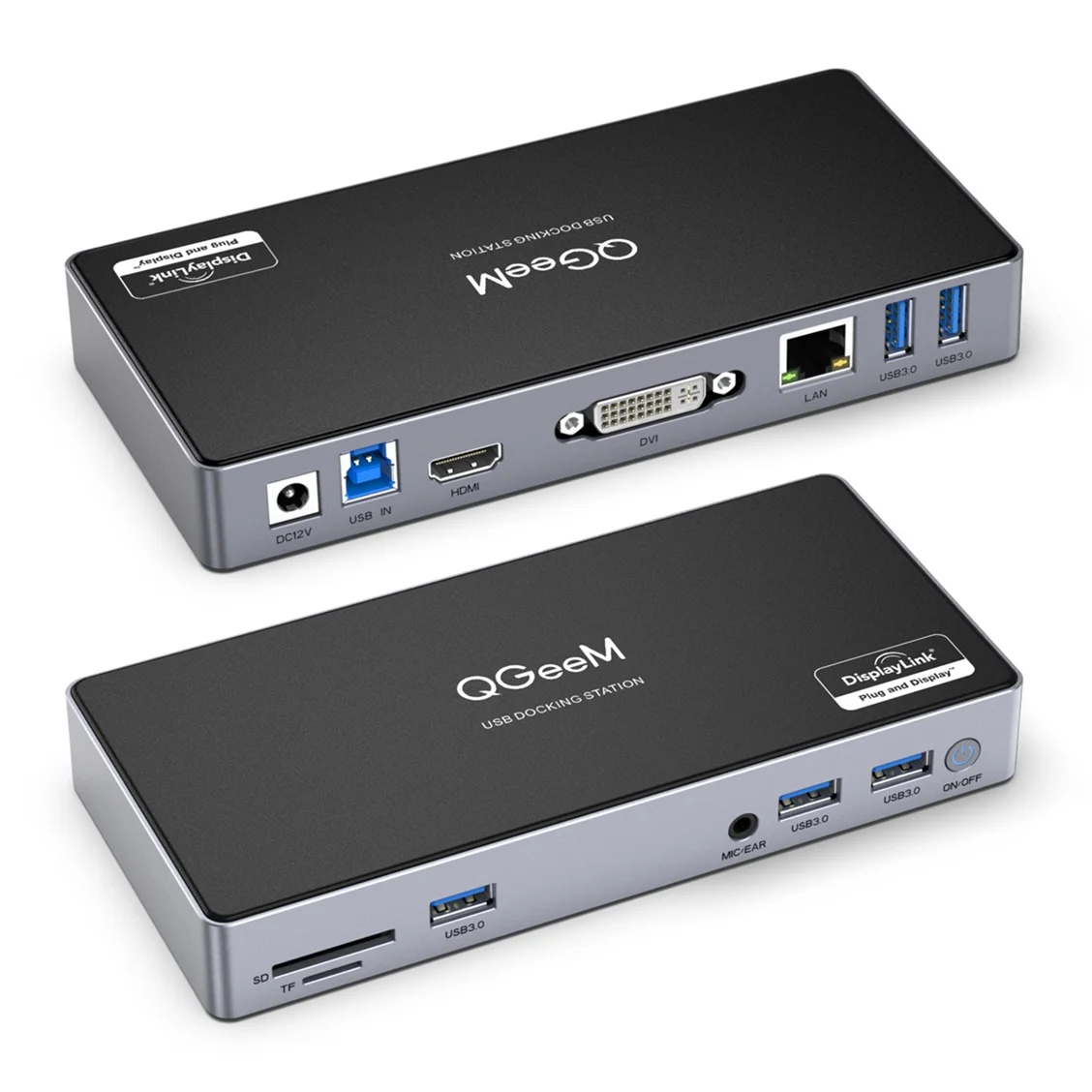 USB 3.0 Universal Docking Station QGeeM Dual Monitor for Windows Chrome OS Mac OS USB 3.0 HUB HDMI and DVI 3.5mm Audio Jack