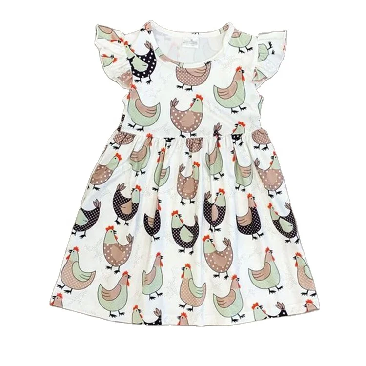 Boutique little girl cotton ruffle pearl dress chicken  printed kids clothes  0M-10T year old girl pearl dress