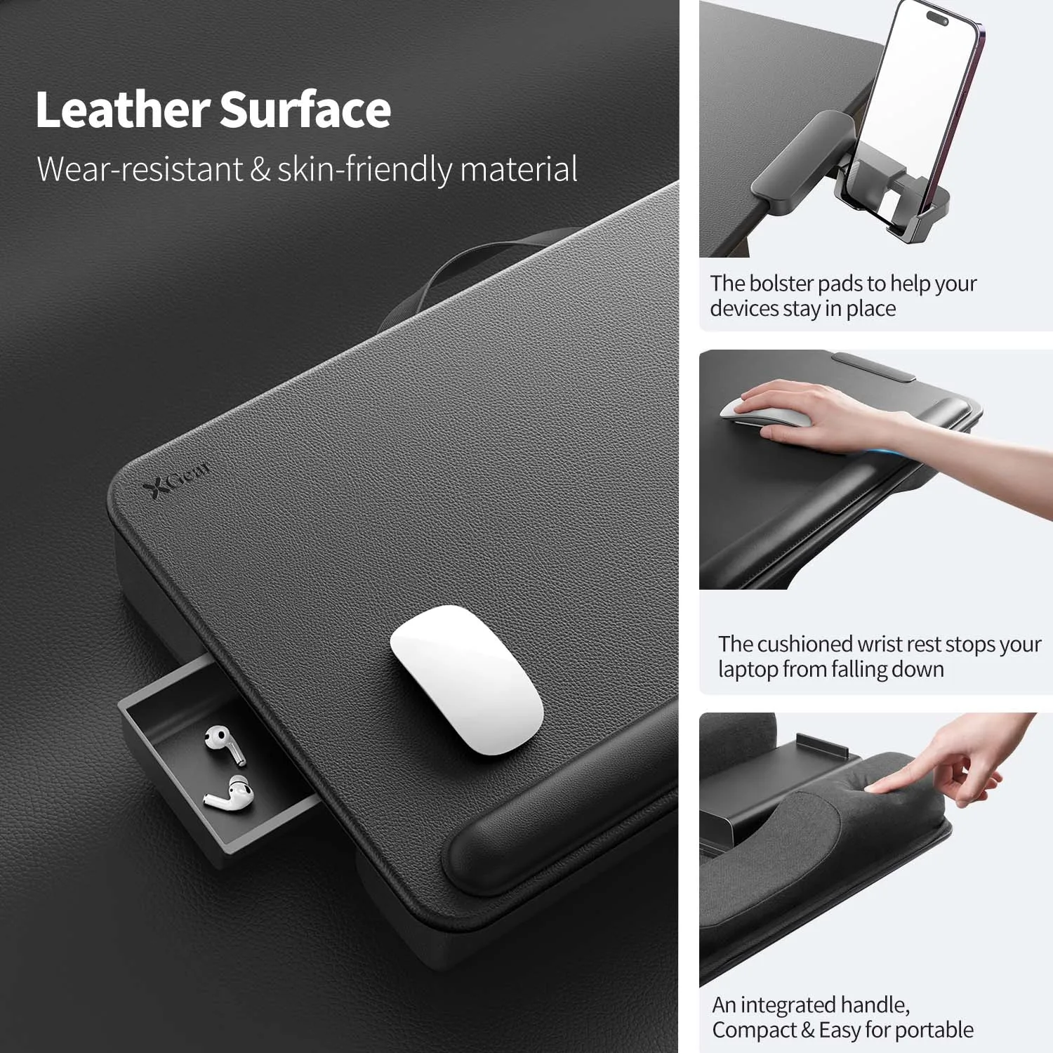 Lap Desk with Wrist Rest, Device Ledge, Drawer, Booster Cushion and Phone Holder - Black Carbon - Fits up to 17 Inch Laptops