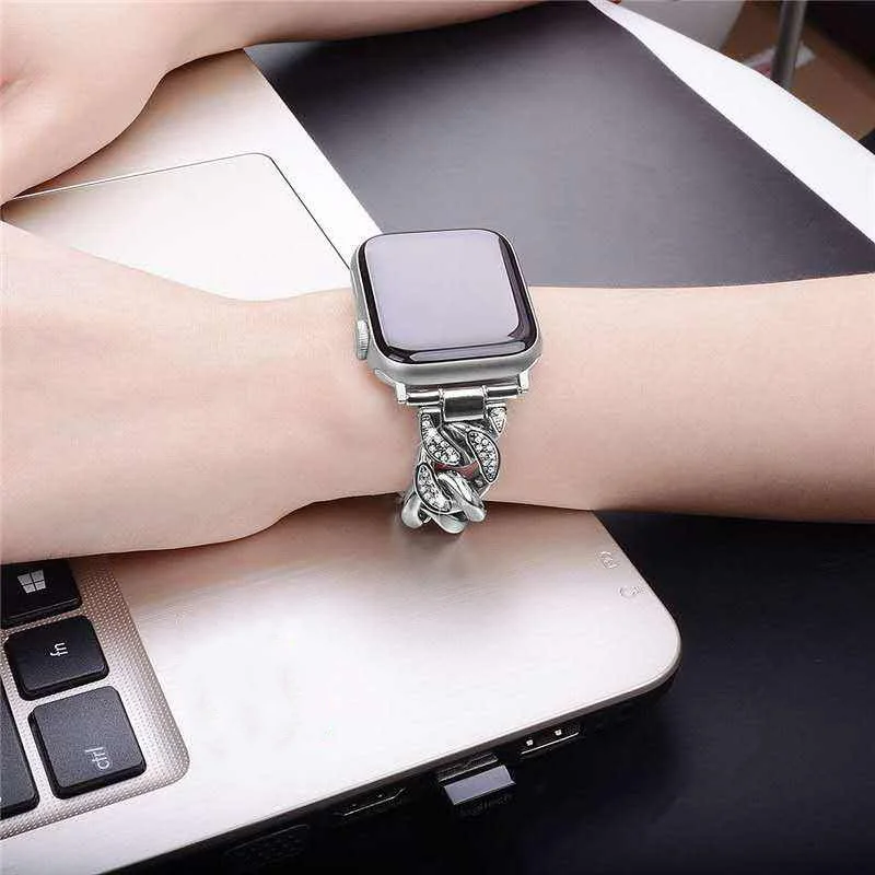 Hot Selling Charm Custom Metal Smart Watch Strap Chain Stainless Steel Luxury Diamond Bracelet Watch Band For Apple