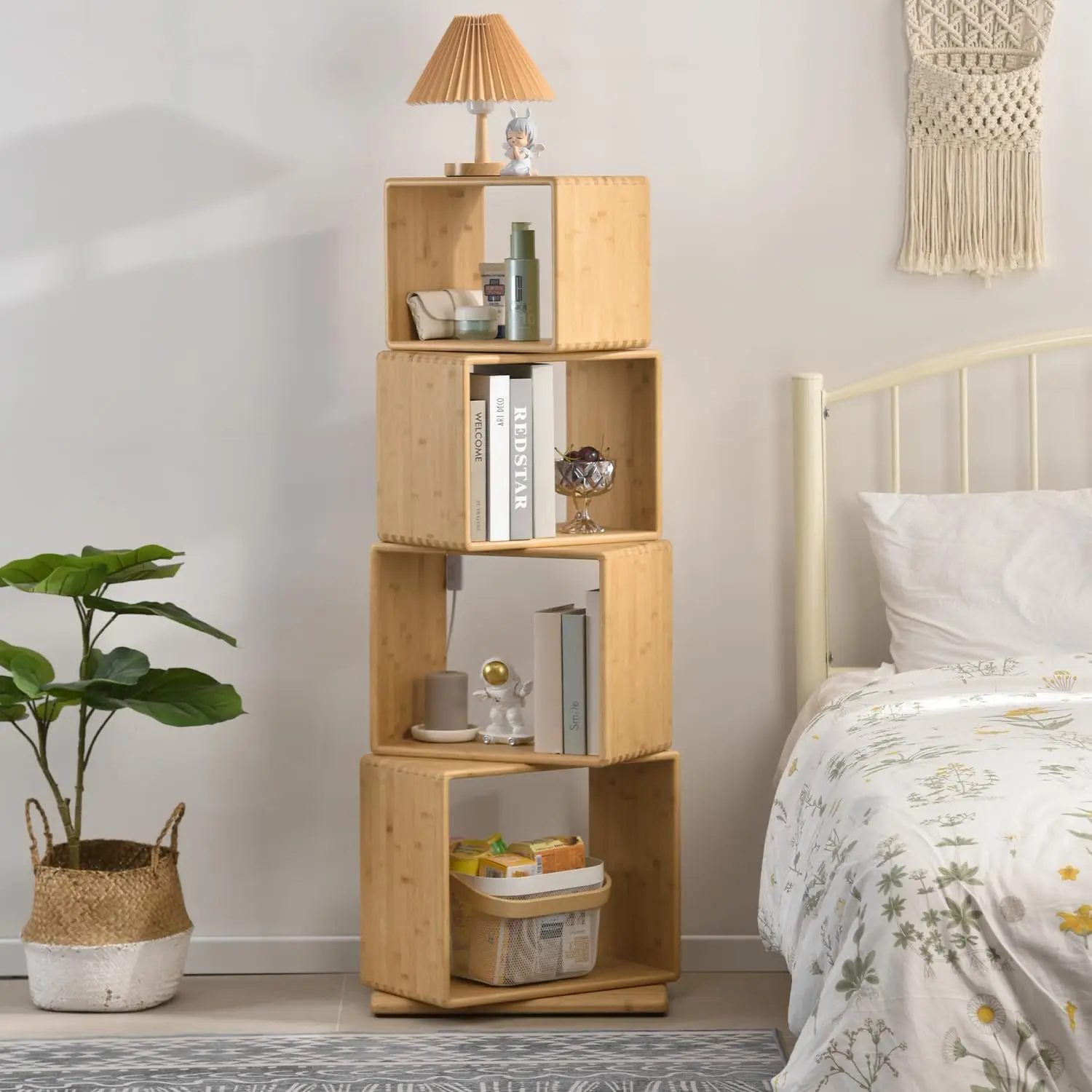 Free-Standing Bookshelf Large Capacity Creative Open Book Cabinet Rotating Bamboo Bookcase for Home Office