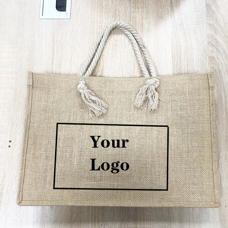 Portable Burlap Jute Shopping Bag Handbag Bamboo Loop Handles Tote Retro DIY Bag Handbag Women Big Size Beach Bag For Girls