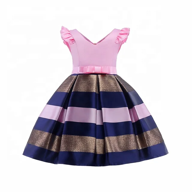 Western Children Flare Sleeve Lace Fashion Stripe Flowers Casual Girls Dresses Wedding