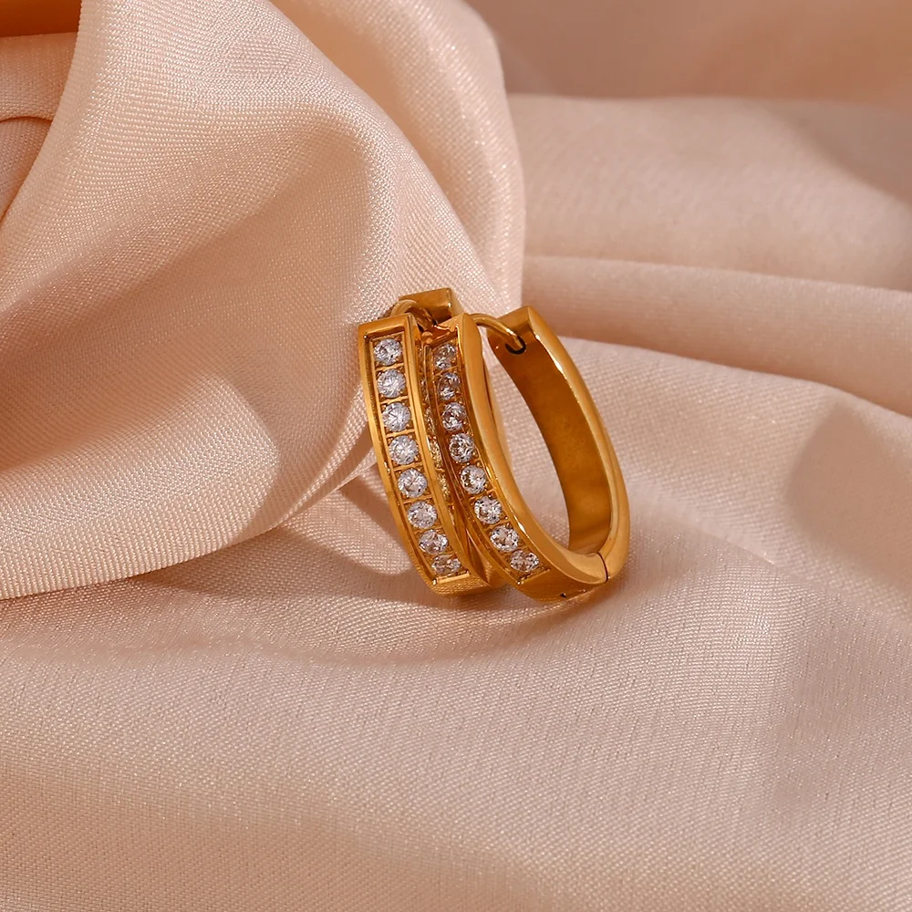 Water Proof U Shape Shining Zircon Huggies Earring 18K Gold Plated Stainless Steel Hoop Earring