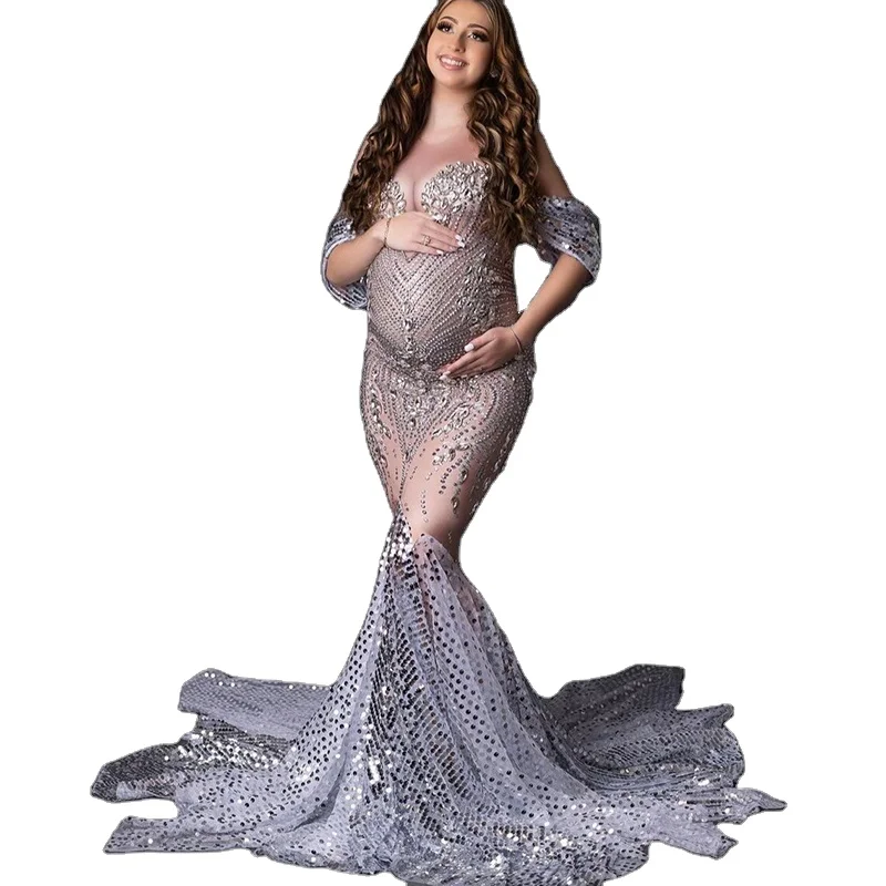 Embellished  Rhinestone Maternity Dress  pregnant Props  Maternity photoshoot gown Diamond dress for women