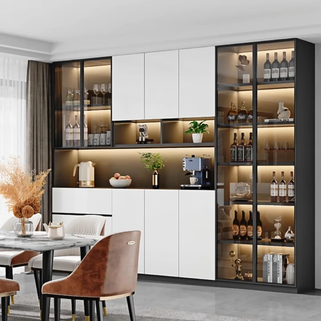 Simple lacquer design led light closet wine storage bar cabinet set