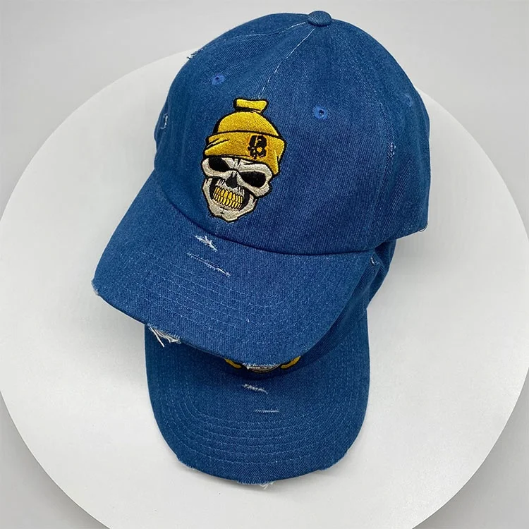 Custom worn out machine embroidery dark blue jean dad hat baseball cap