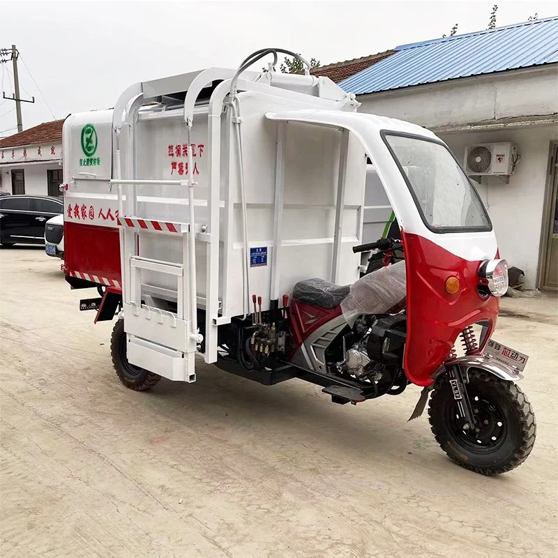 Stainless steel gasoline three-wheel garbage truck small sanitation garbage can lifting truck