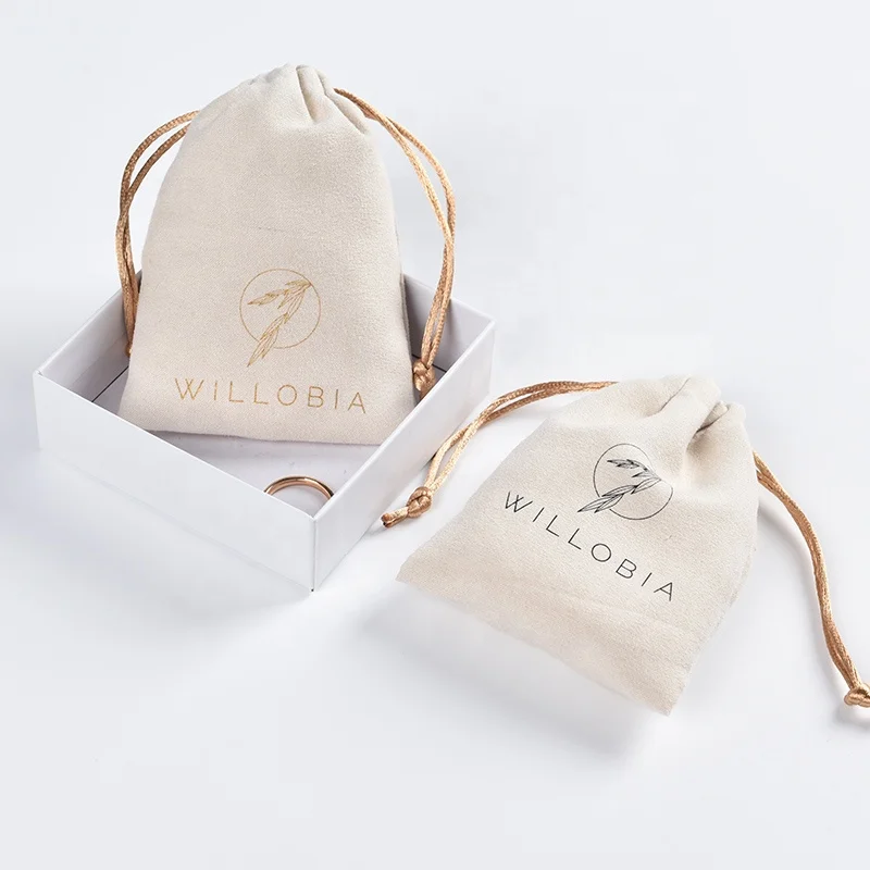 luxury faux suede jewelry drawstring pouch bag with gold logo printed