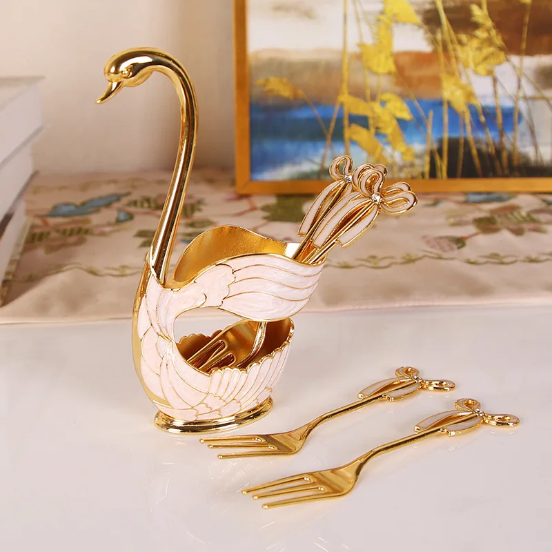 New Arrival Zinc Alloy Swan Base Fruit Forks Spoon Holder Set Salad Dessert Forks Coffee Spoon Stand Set