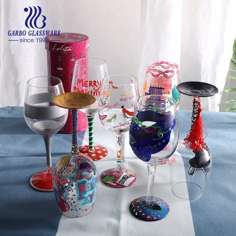 Factory Wholesale Customized Hand Painted Patterns Festival Carnival Glass Goblet For Even Party Red Grape Wine Stemware Glasses