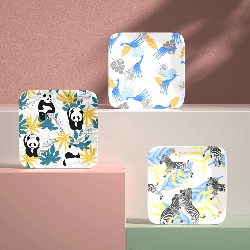 Nordic Style Animal Cotton Pattern Square Ceramic Dessert Dishes Plates Set Colorful Restaurant Home Party Dining Plates