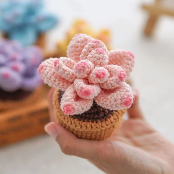 Wholesale Hand-knitted Potted Plant Crafts Decoration Wool Crochet Knitting Artificial Flowers Ornament